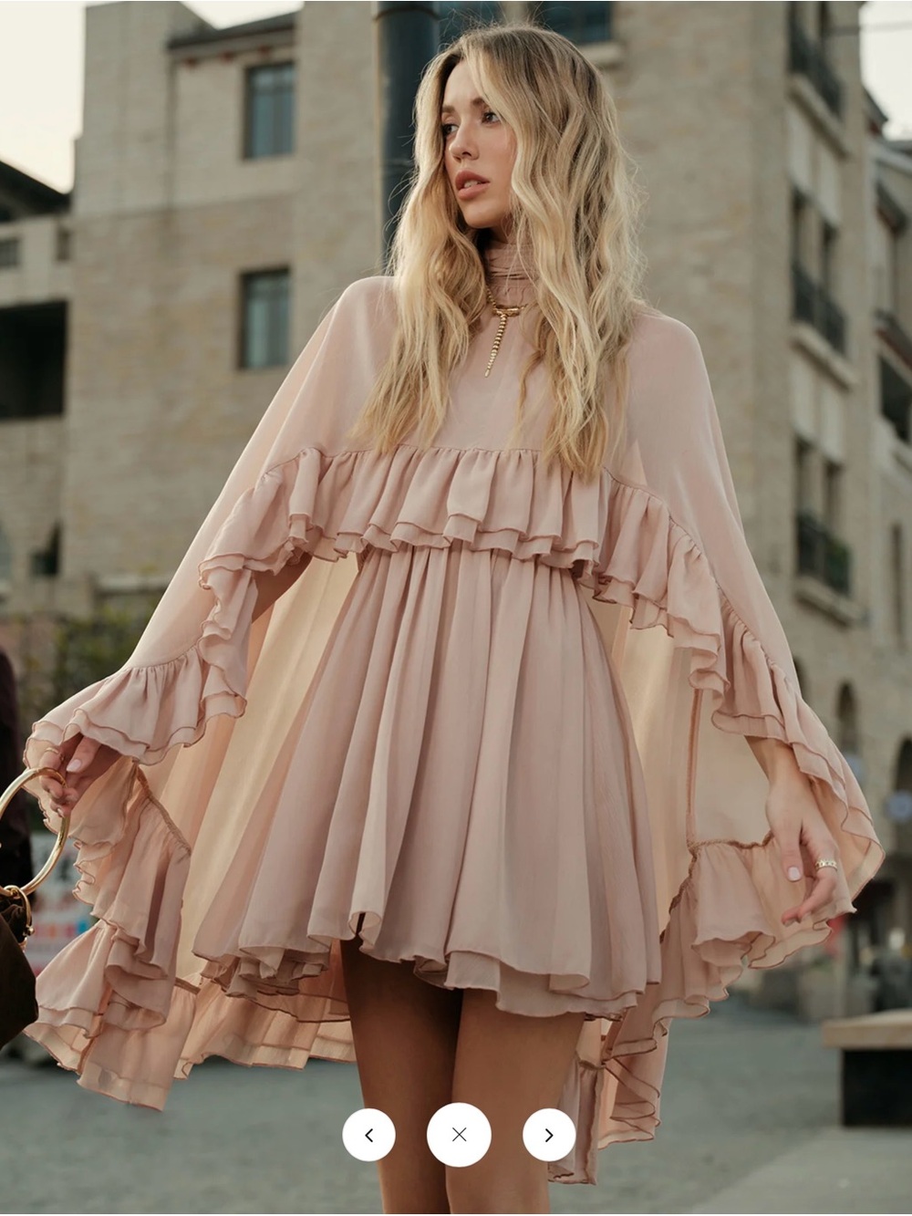 Commense Semi-Sheer Chiffon Ruffle Dress with Outer Cape - Black - XL - Picture 5 of 10